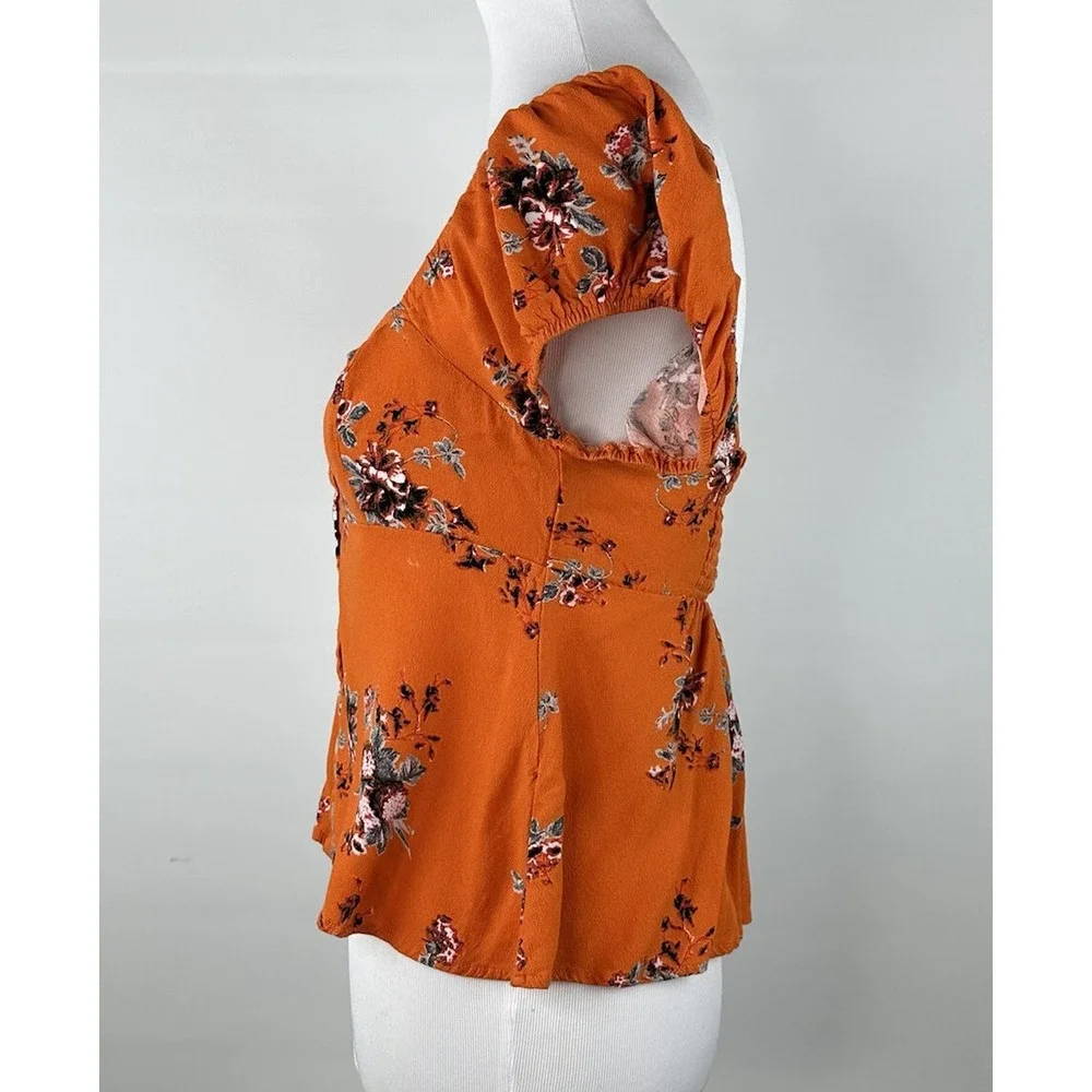 Free‎ People Medium Orange Floral Close To You Smocked Button Rayon SS Crop Top